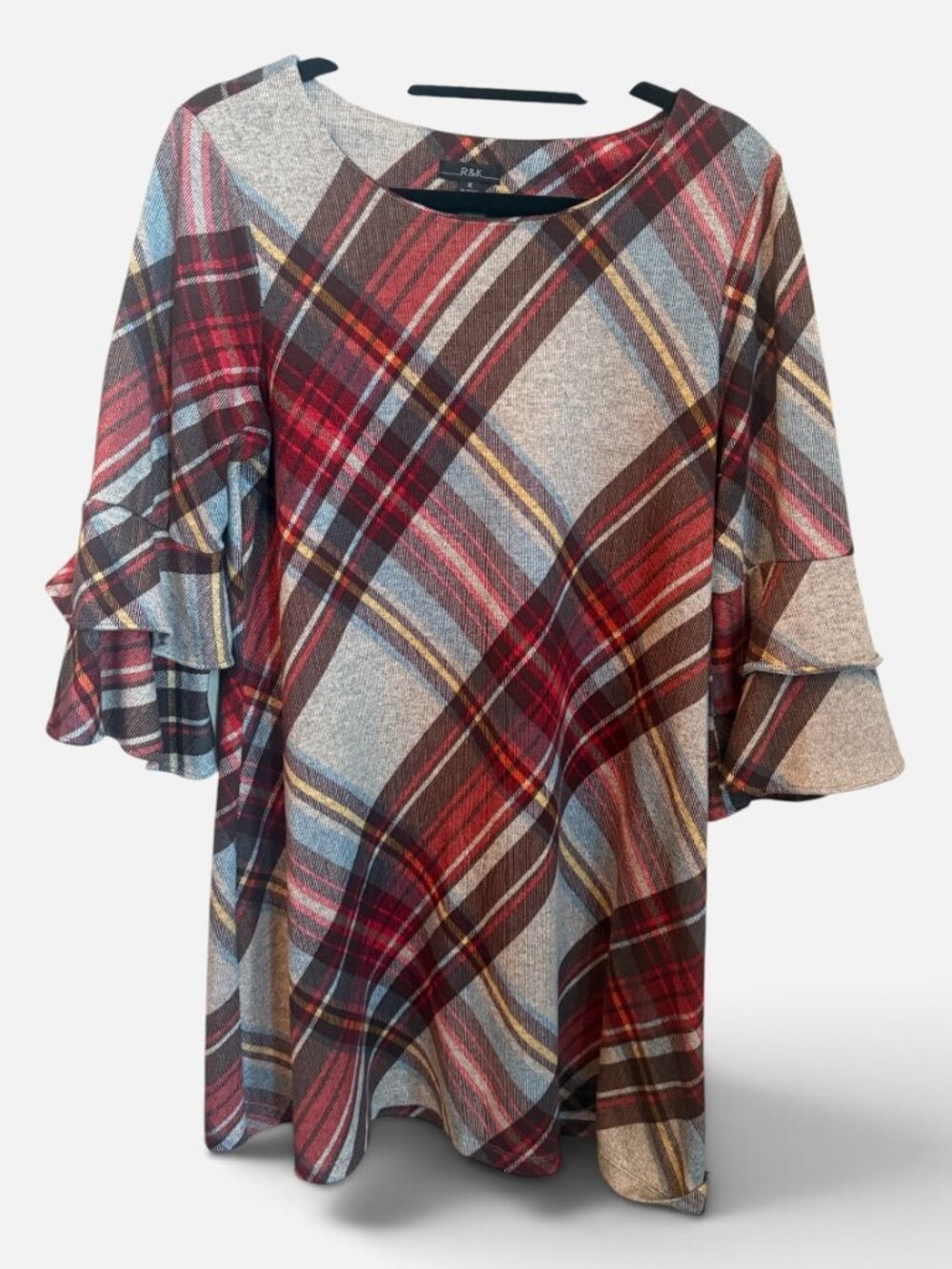 R&K Women's Plaid Tunic Top Size 12 Double Ruffle Bell Sleeves